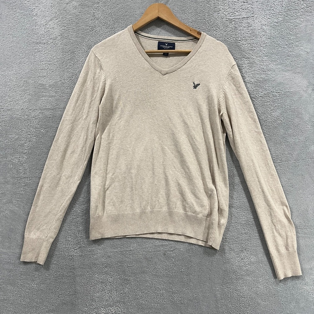 American Eagle Outfitters Sweater Mens S Beige Knit Long Sleeve V-Neck Pullover